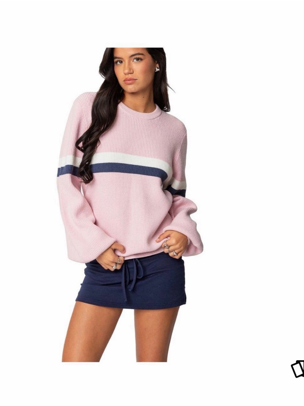 Edikted Pink Knit Sweater with Navy & White Stripes